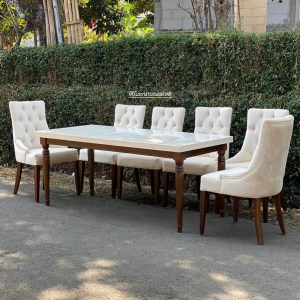 Exclusive Set Meja Makan Marmer 6 Kursi Sofa Dining Table Marmer Elegan Jepara